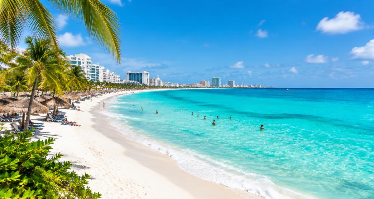 Playa de arena blanca y palmeras en Cancún, México