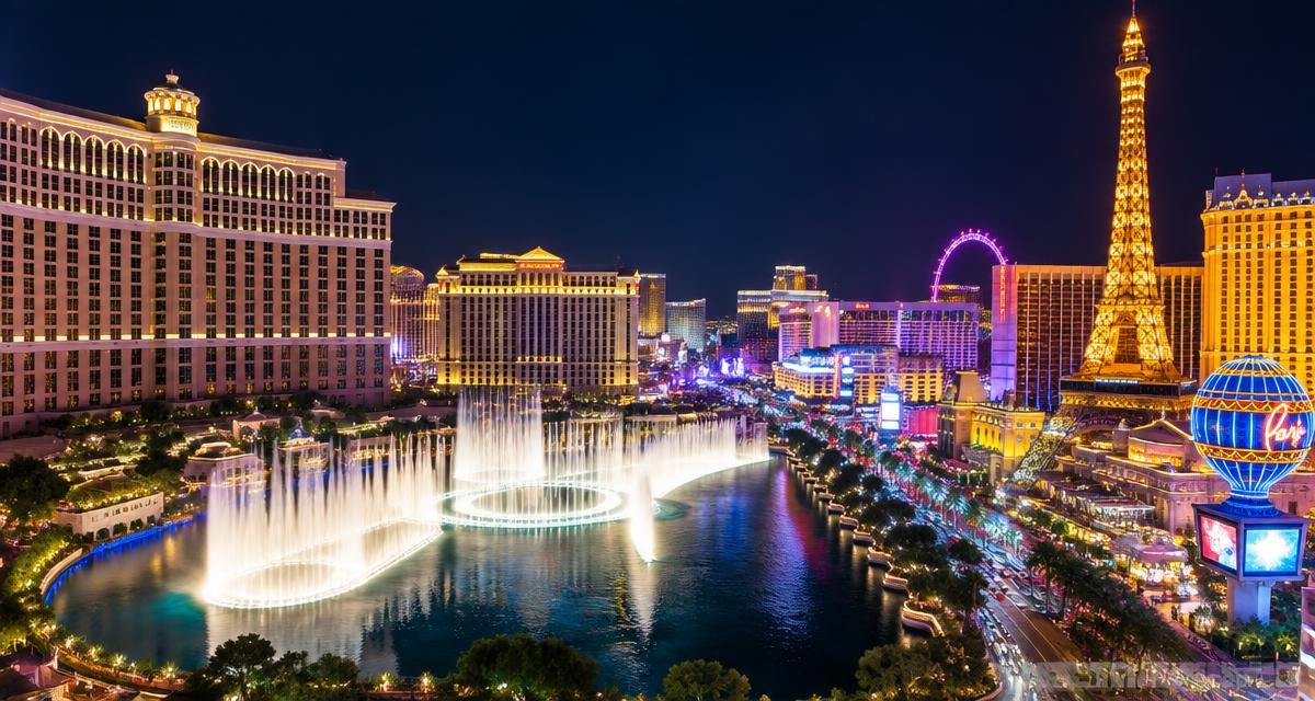 Fuentes del Bellagio y luces del Strip de Las Vegas
