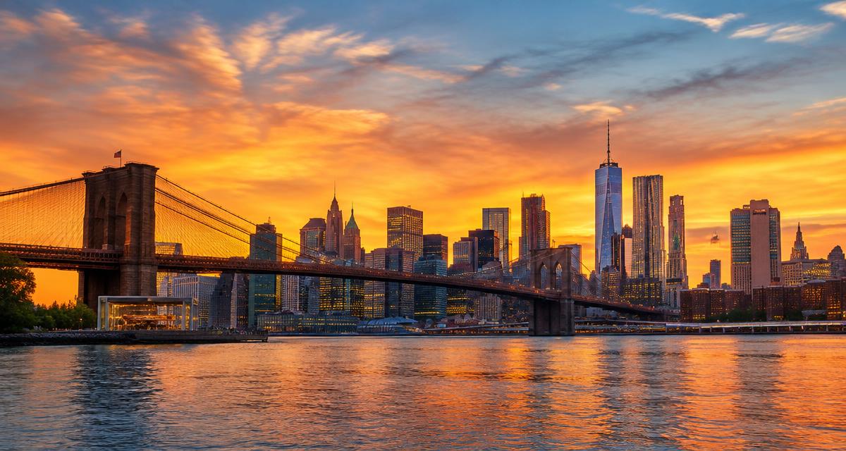 Puente de Brooklyn y horizonte de Manhattan al atardecer, Nueva York