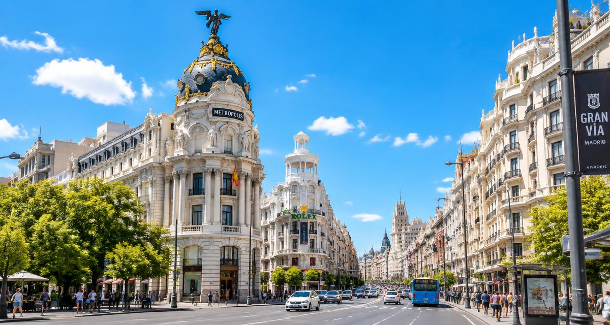 Gran Vía y edificio Metrópolis en Madrid, España