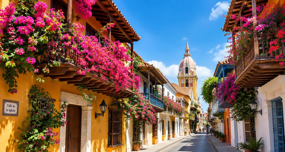 Balcones coloniales con buganvillas en Cartagena, Colombia